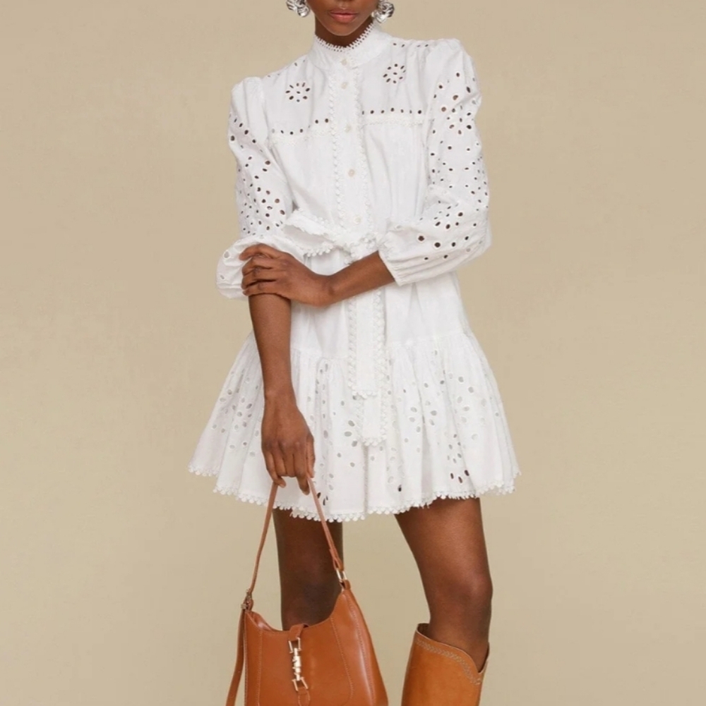 Avec Les Filles White Eyelet Ruffle Mini Dress